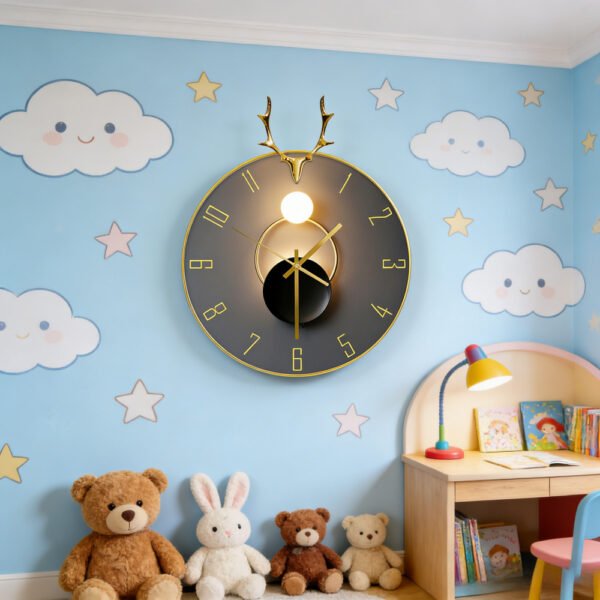 Cross-border Amazon hot sale creative black gold antlers clock with light luxury artistic living room wall mute decorative wall clock