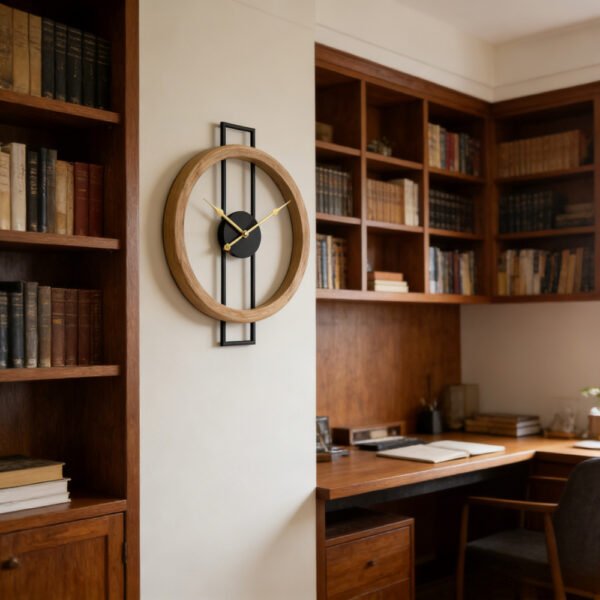 Cross-border Amazon hot wooden ring black iron geometric wall clock Nordic style living room and dining room walls mute decorative clock