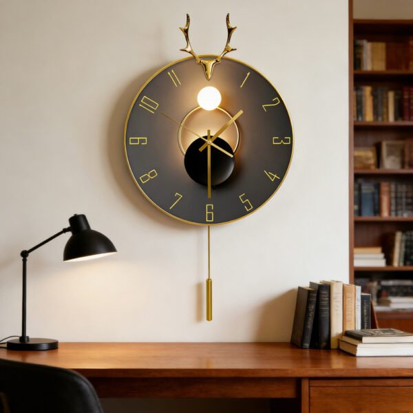 Cross-border Amazon hot sale creative black gold antlers clock with light luxury artistic living room wall mute decorative wall clock