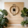 Cross-border Amazon hot wooden ring black iron geometric wall clock Nordic style living room and dining room walls mute decorative clock