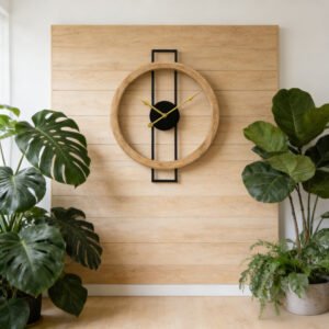 Cross-border Amazon hot wooden ring black iron geometric wall clock Nordic style living room and dining room walls mute decorative clock