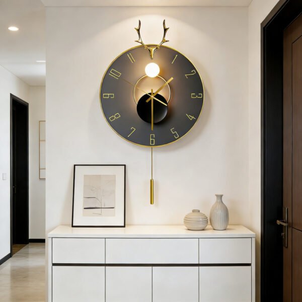 Cross-border Amazon hot sale creative black gold antlers clock with light luxury artistic living room wall mute decorative wall clock